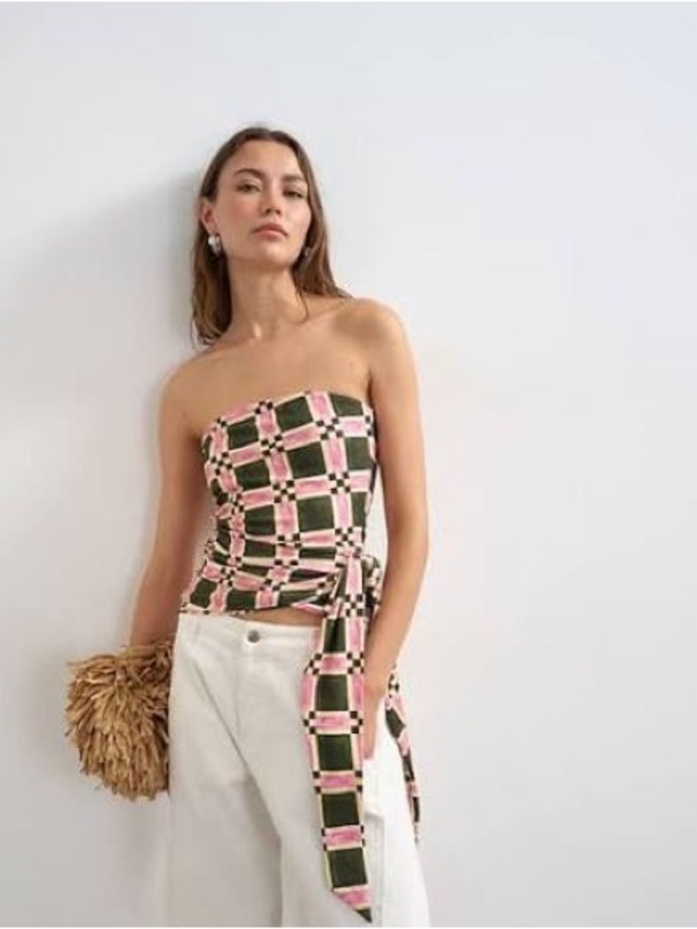Printed Geometric Tube Wrap Top in Pink, Black & Cream